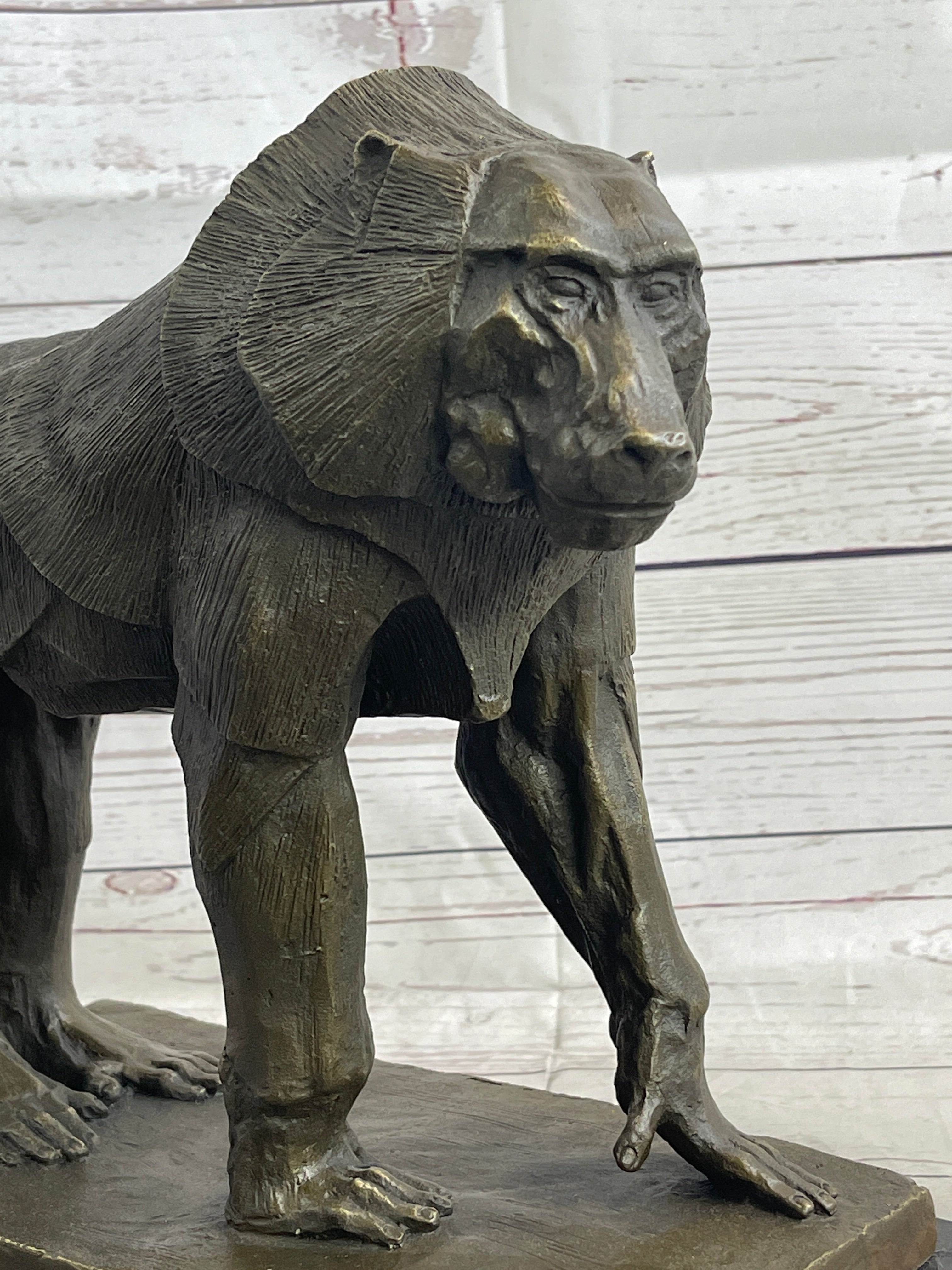 Baboon Monkey Primate Bronze Sculpture on Marble Base