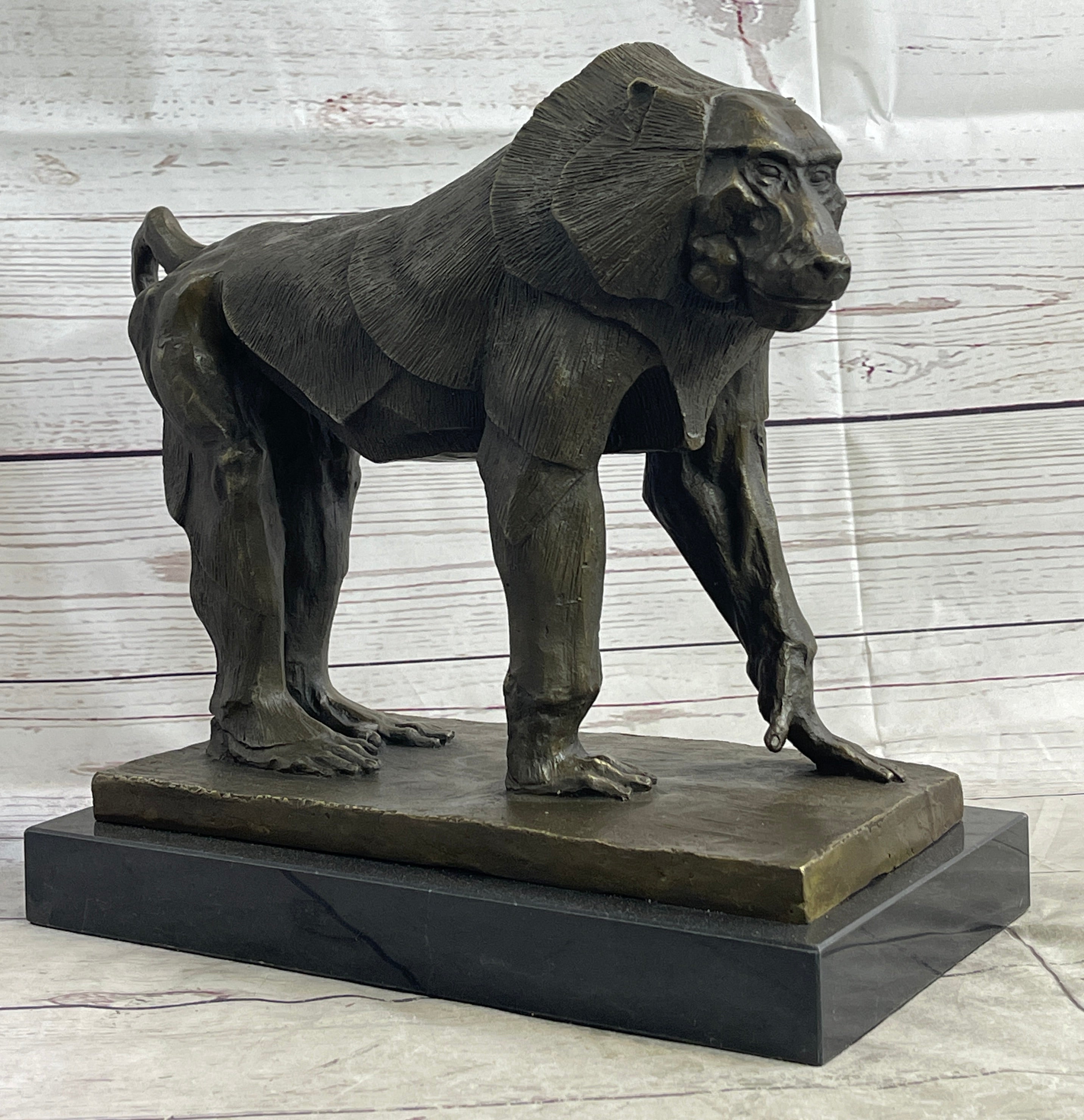 Baboon Monkey Primate Bronze Sculpture on Marble Base