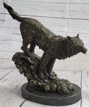 Running Wolf Bronze Sculpture on Marble Base 9.5" x 10"