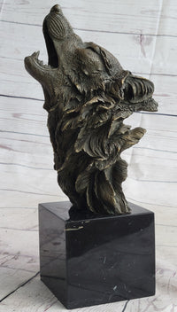 Howling Wolf Head Bust Bronze Sculpture on Marble Base 12.5" x 7"