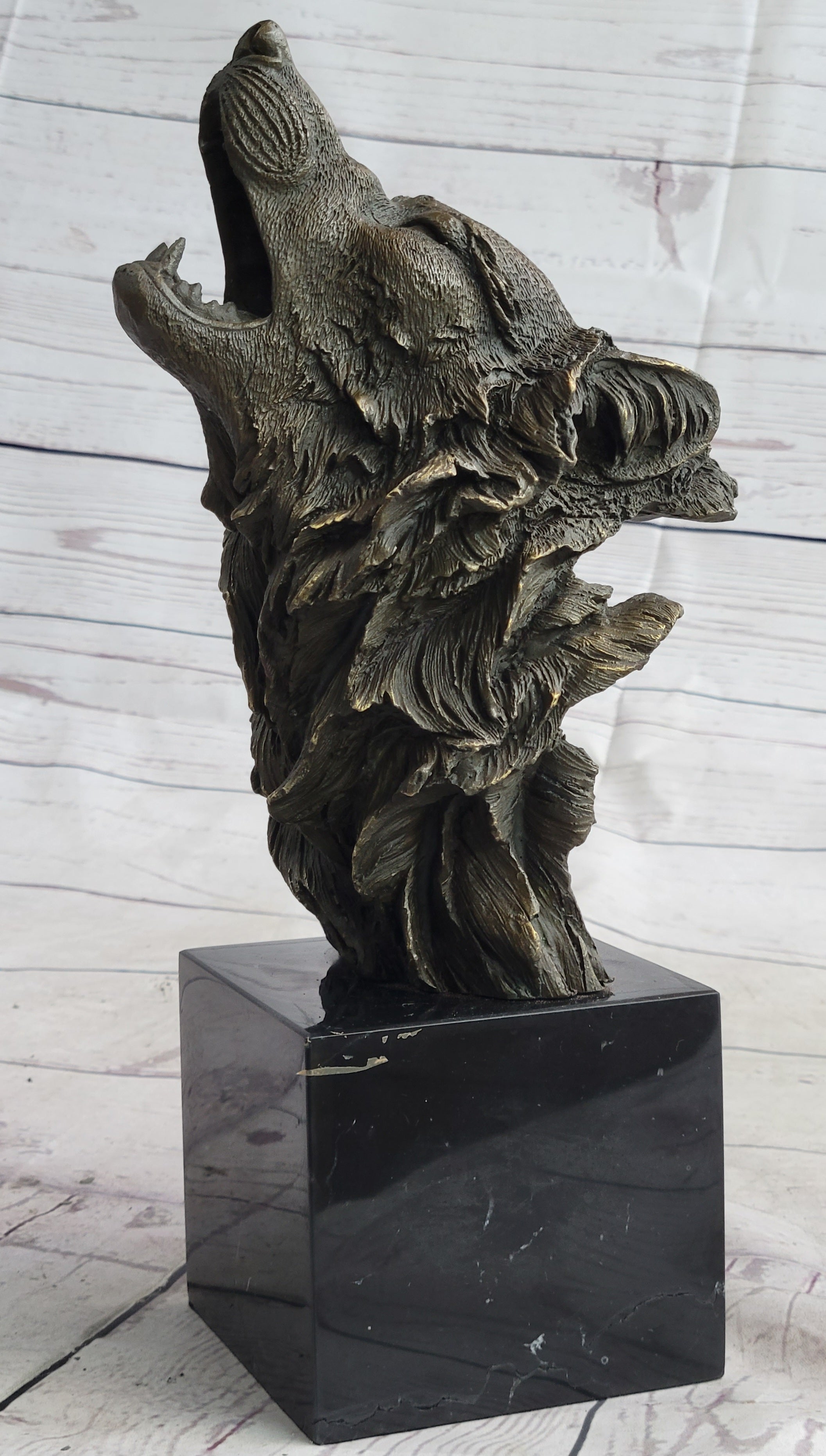 Howling Wolf Head Bust Bronze Sculpture on Marble Base 12.5" x 7"