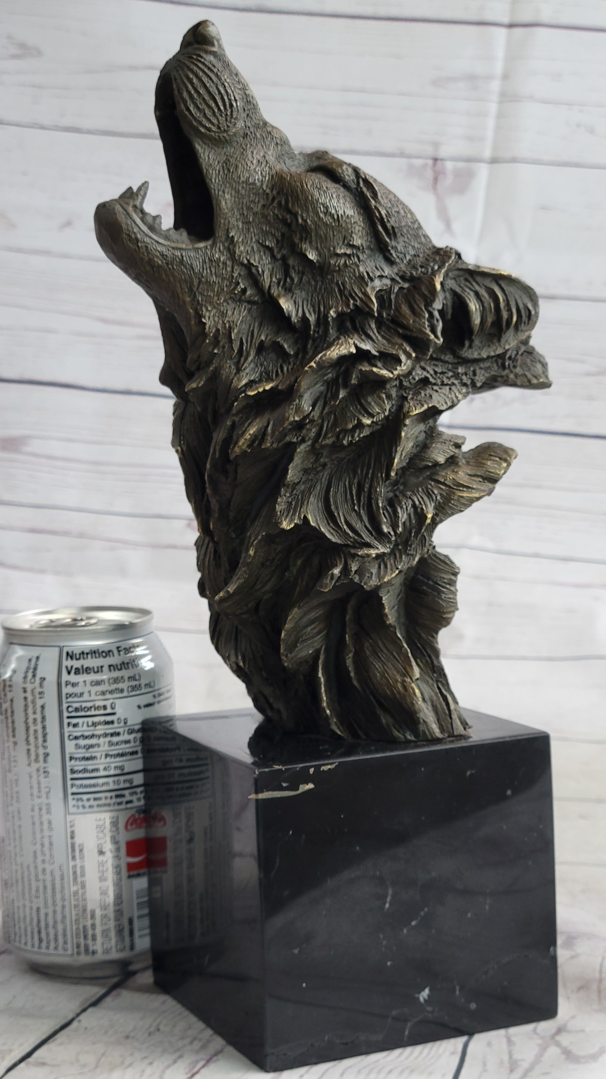 Howling Wolf Head Bust Bronze Sculpture on Marble Base 12.5" x 7"