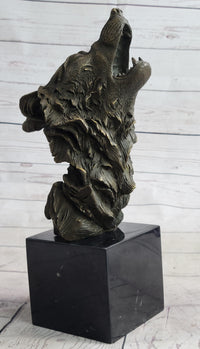 Howling Wolf Head Bust Bronze Sculpture on Marble Base 12.5" x 7"