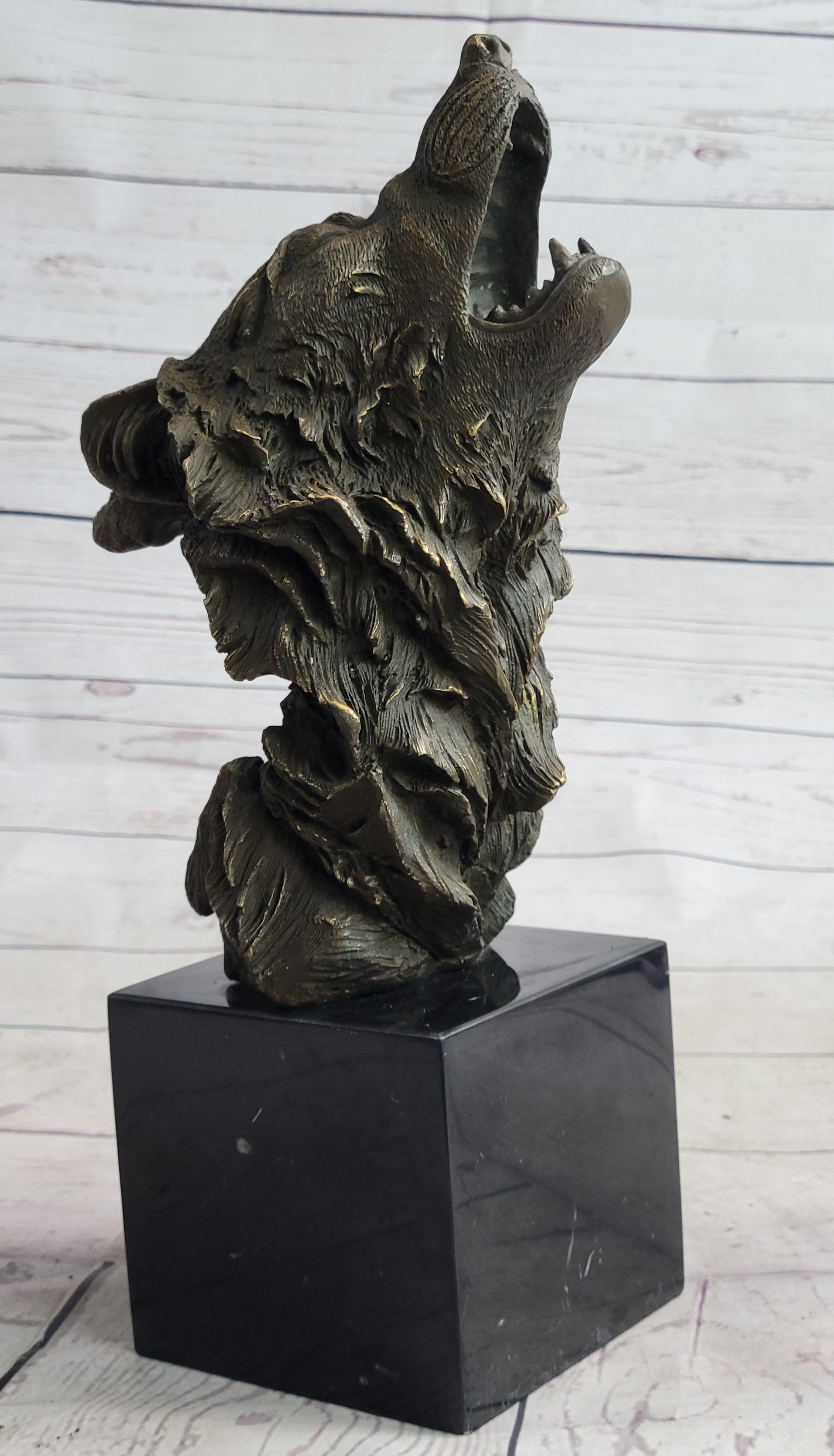 Howling Wolf Head Bust Bronze Sculpture on Marble Base 12.5" x 7"
