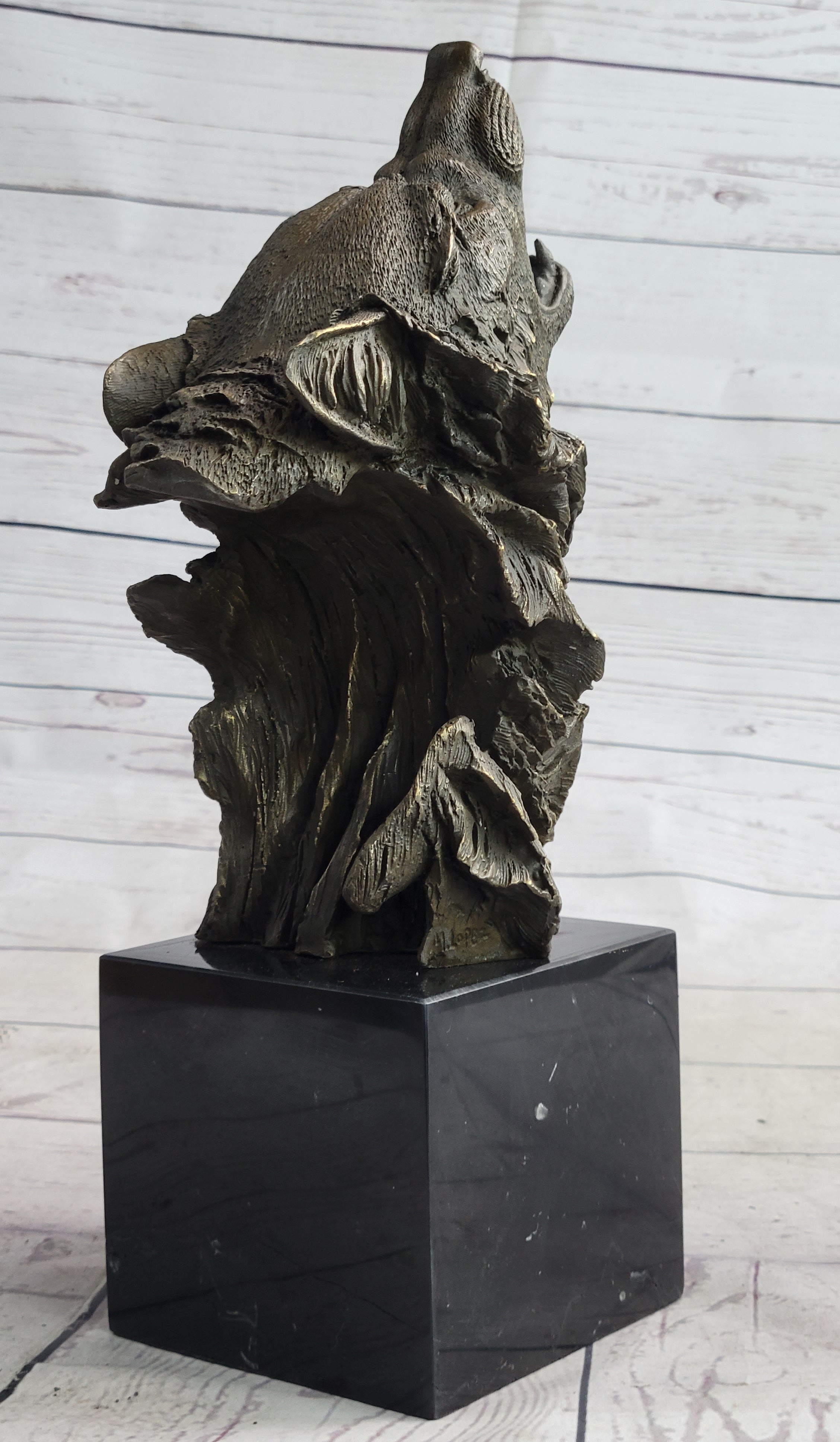 Howling Wolf Head Bust Bronze Sculpture on Marble Base 12.5" x 7"