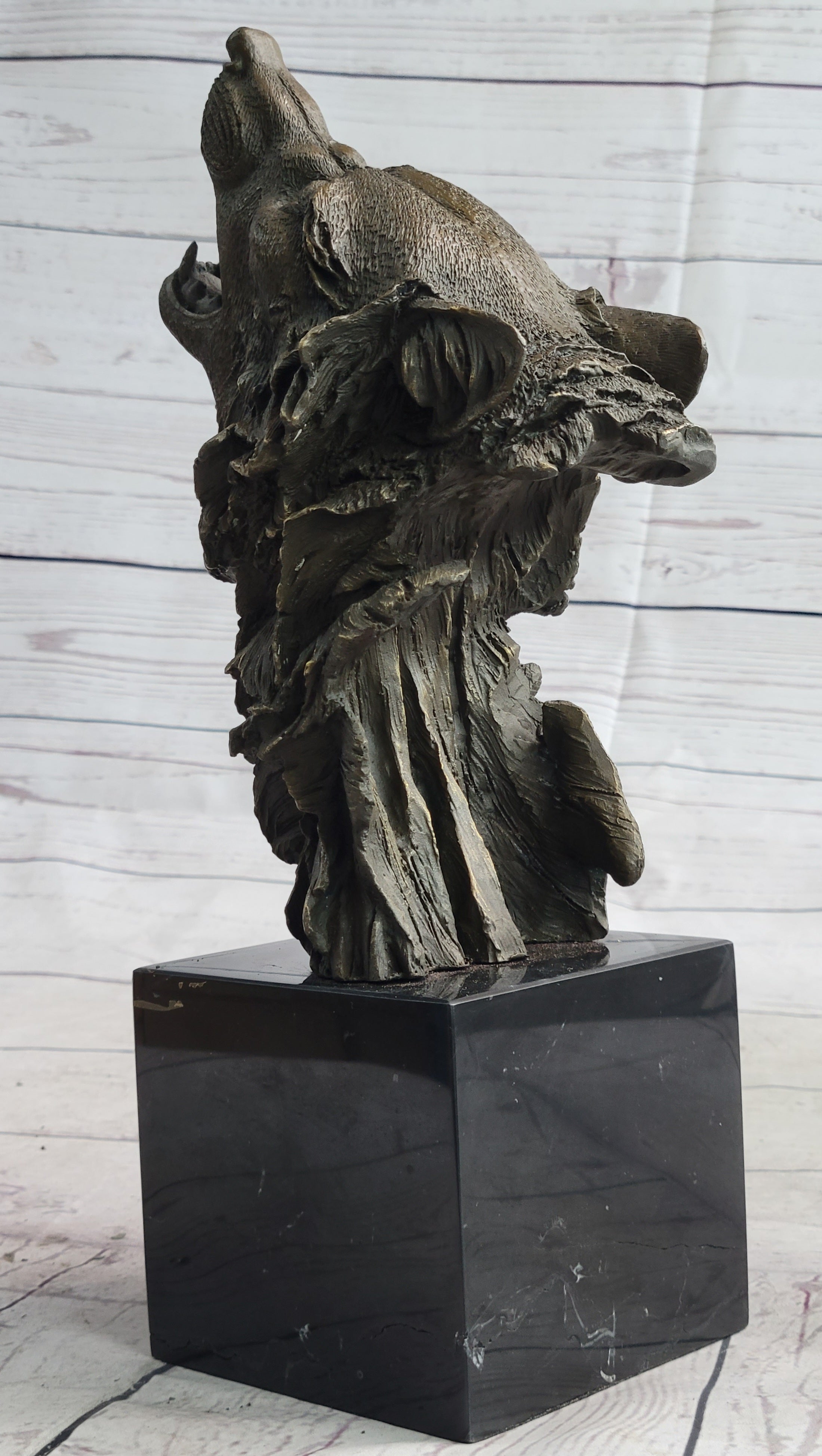 Howling Wolf Head Bust Bronze Sculpture on Marble Base 12.5" x 7"