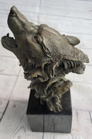 Howling Wolf Head Bust Bronze Sculpture on Marble Base 12.5" x 7"