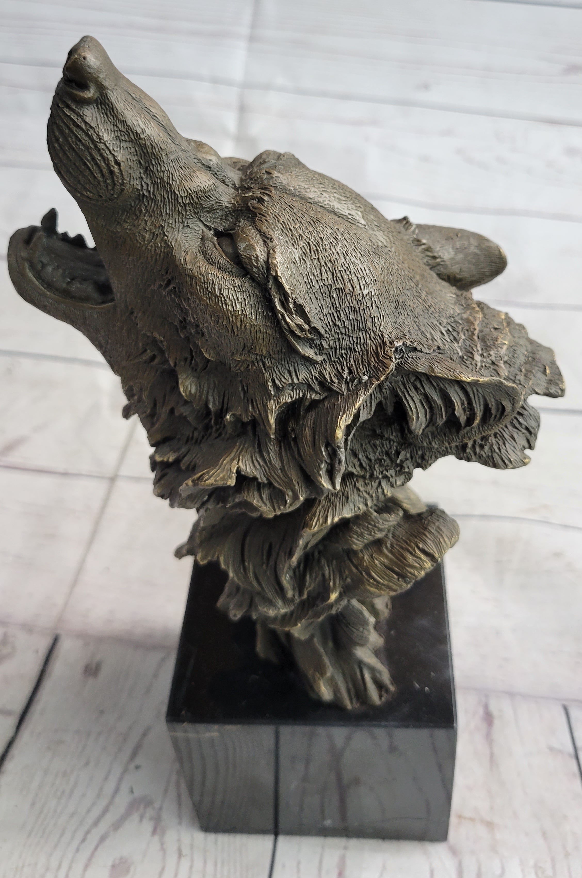 Howling Wolf Head Bust Bronze Sculpture on Marble Base 12.5" x 7"