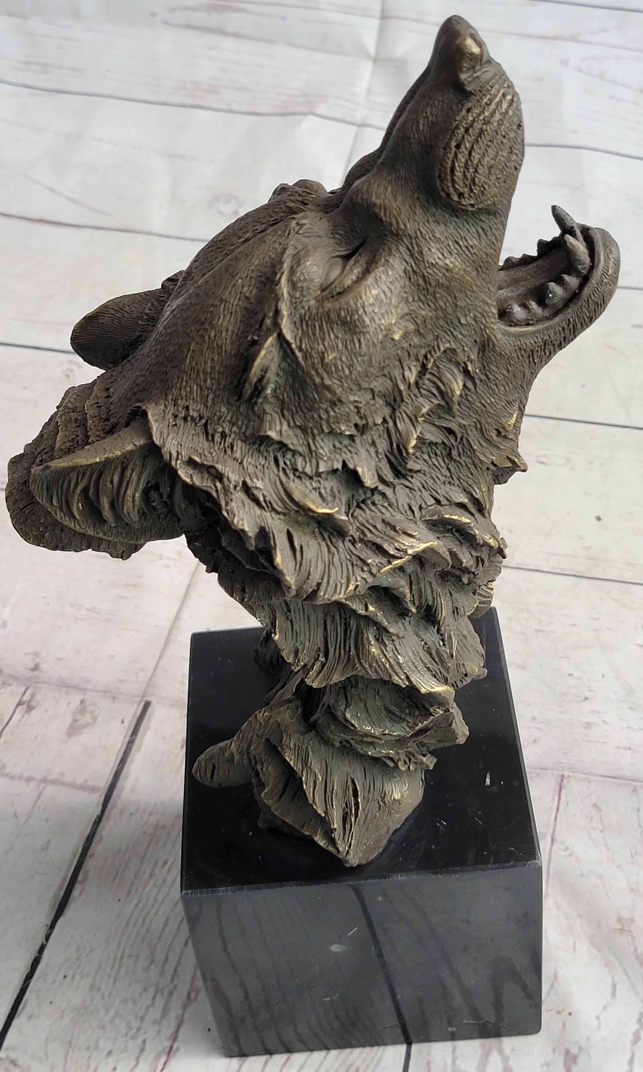Howling Wolf Head Bust Bronze Sculpture on Marble Base 12.5" x 7"