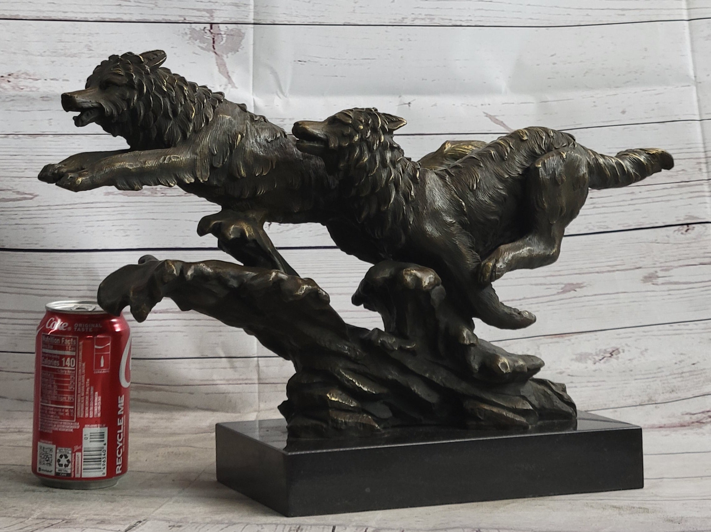 Running Wolves Dogs Wildlife Bronze Sculpture Signed Art