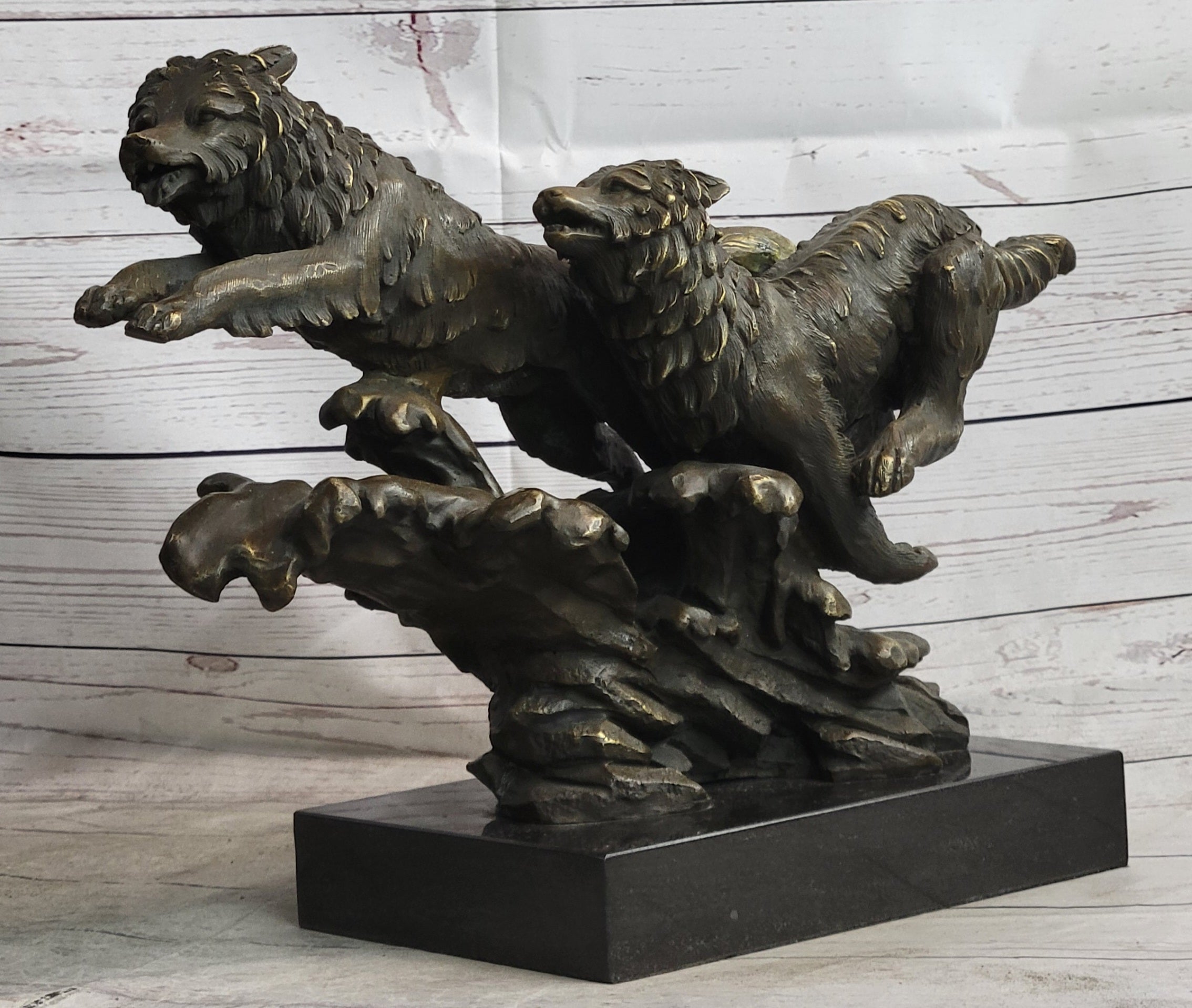 Running Wolves Dogs Wildlife Bronze Sculpture Signed Art