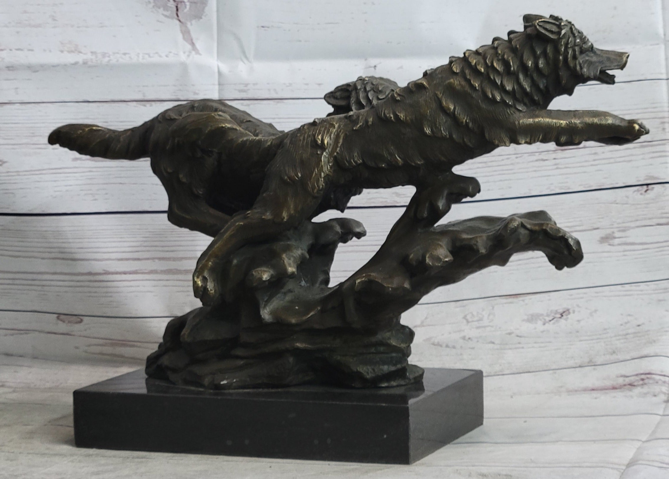 Running Wolves Dogs Wildlife Bronze Sculpture Signed Art