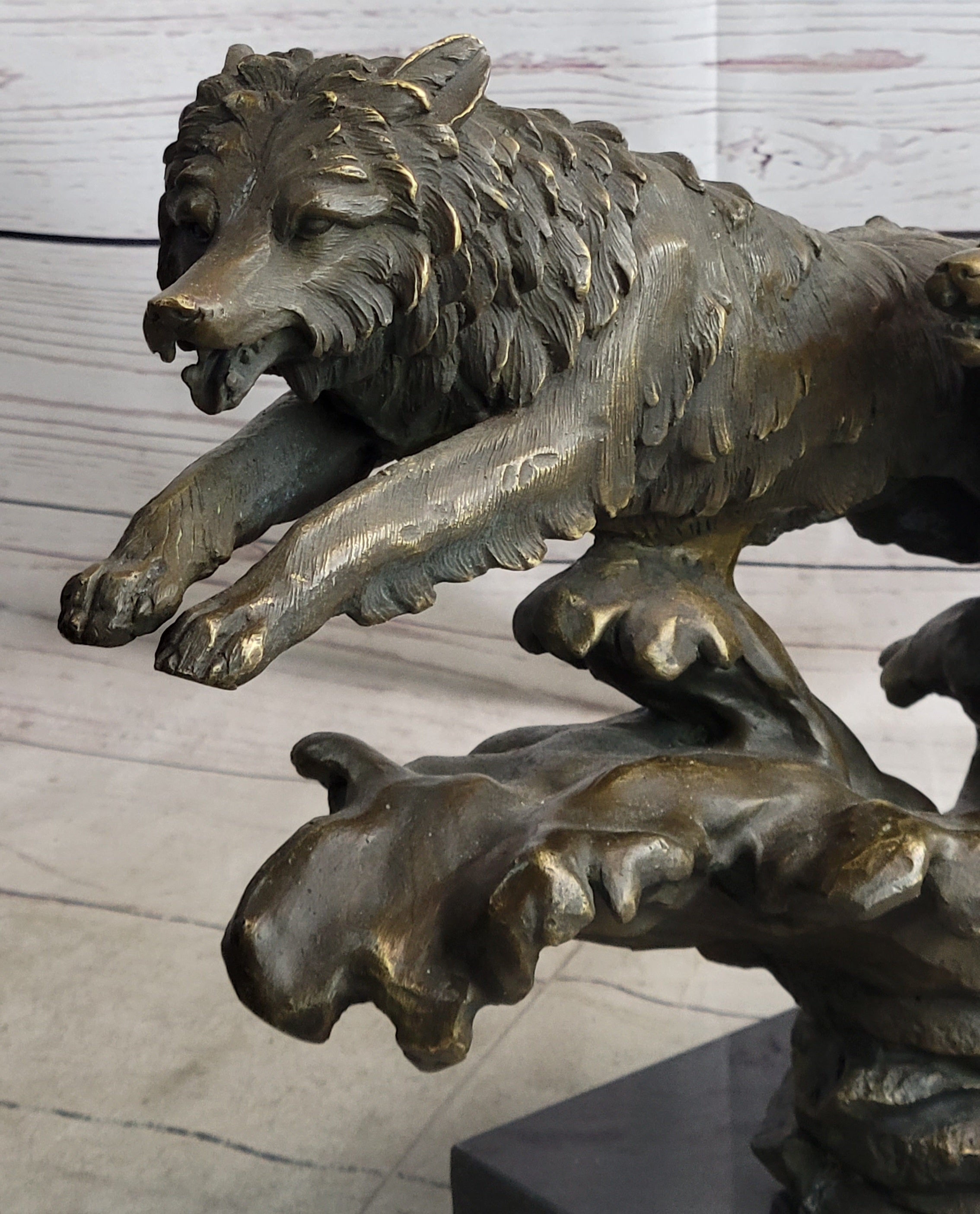 Running Wolves Dogs Wildlife Bronze Sculpture Signed Art