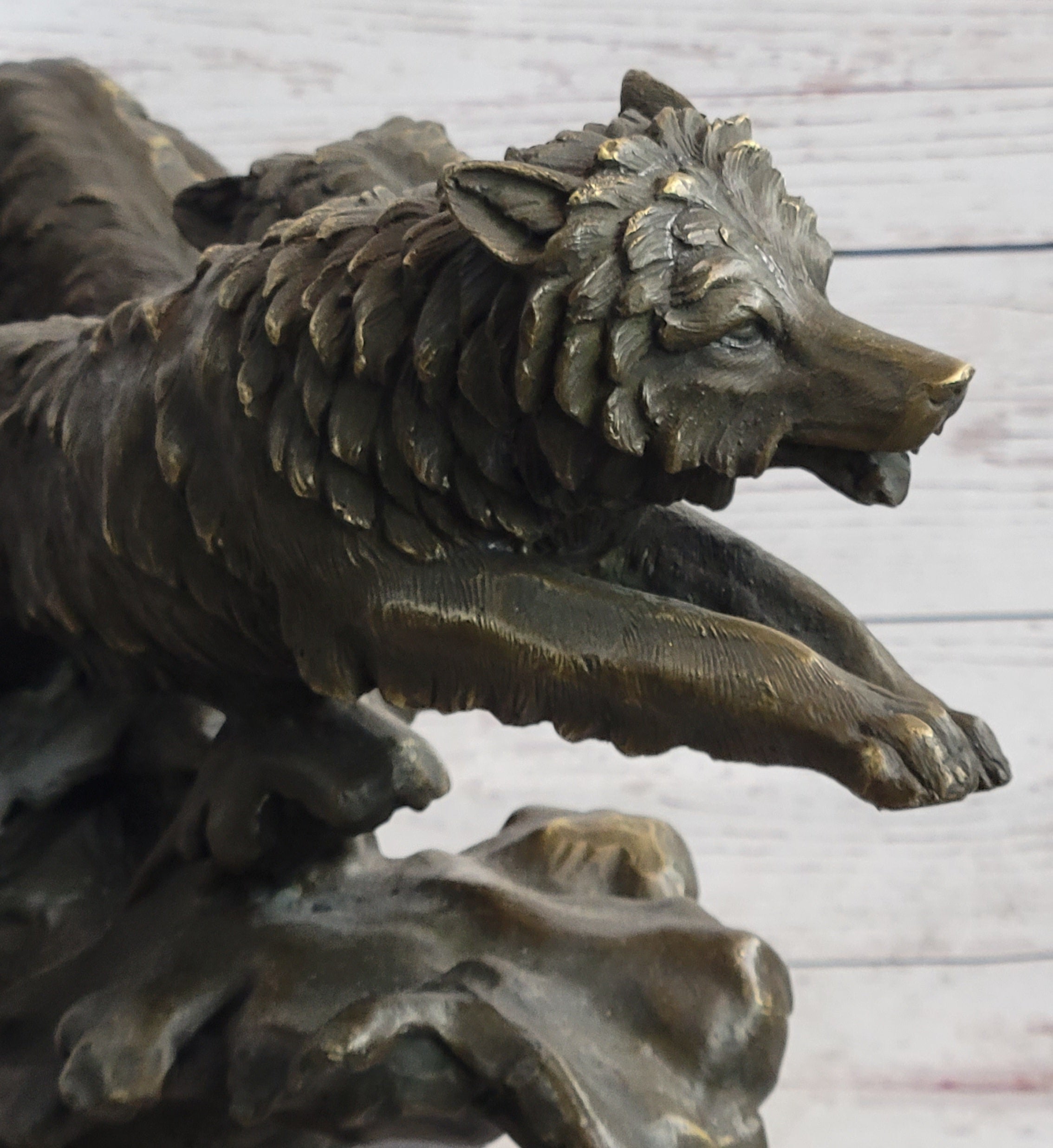 Running Wolves Dogs Wildlife Bronze Sculpture Signed Art