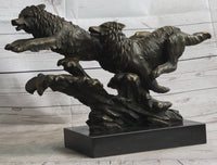 Running Wolves Dogs Wildlife Bronze Sculpture Signed Art