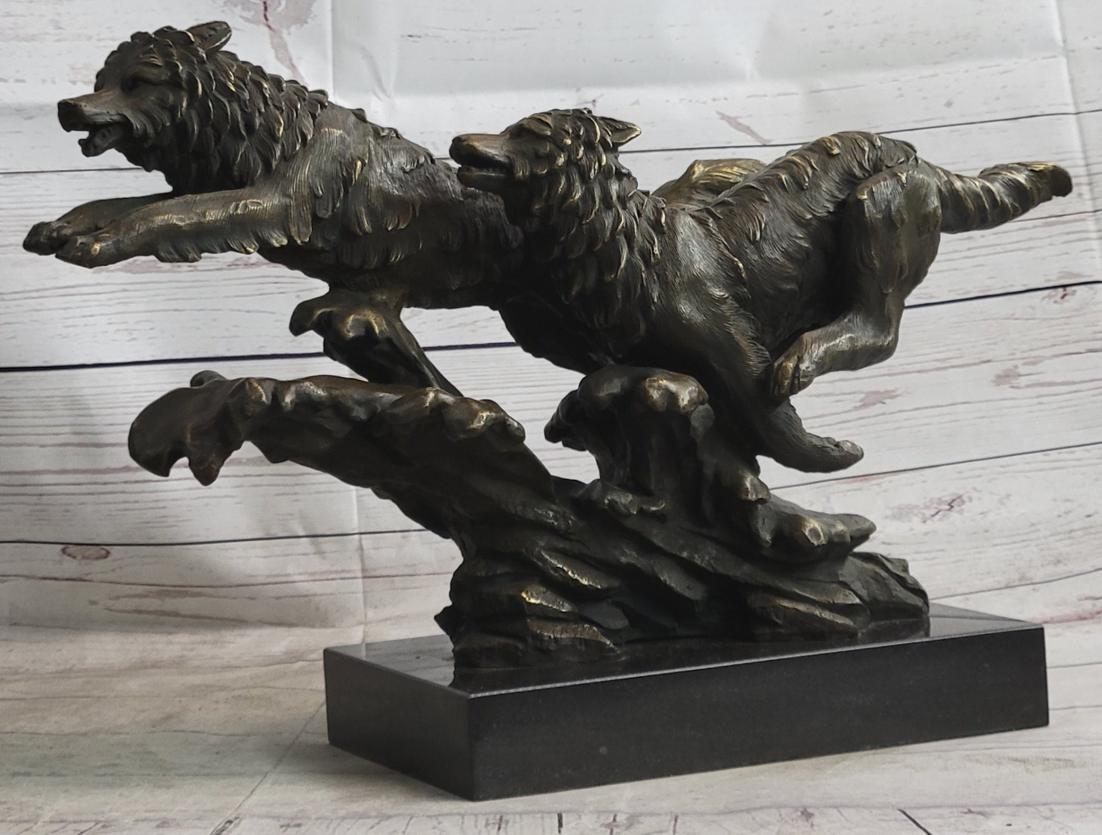Running Wolves Dogs Wildlife Bronze Sculpture Signed Art