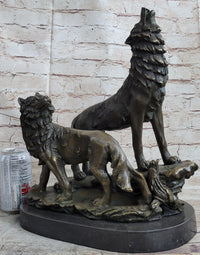 Signed Howling Wolf Bronze Sculpture Marble Base