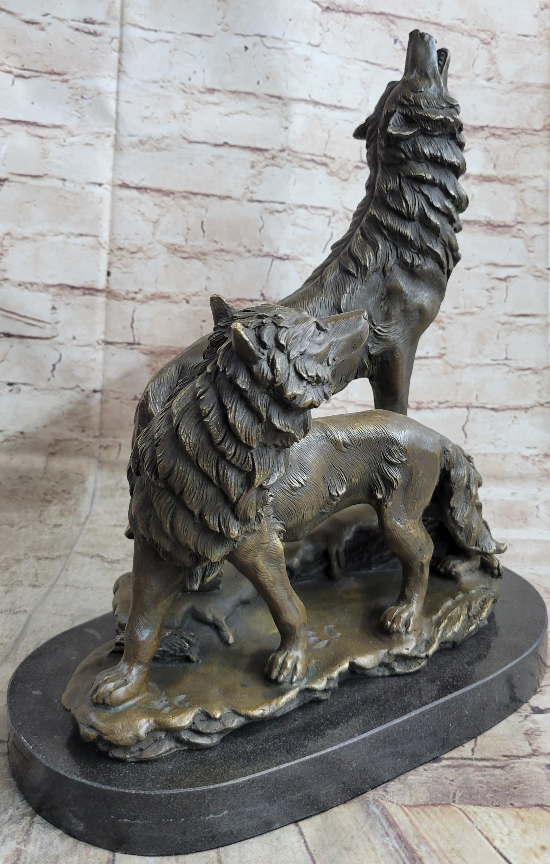 Signed Howling Wolf Bronze Sculpture Marble Base
