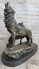 Signed Howling Wolf Bronze Sculpture Marble Base