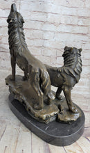 Signed Howling Wolf Bronze Sculpture Marble Base