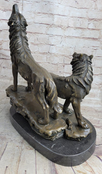 Signed Howling Wolf Bronze Sculpture Marble Base