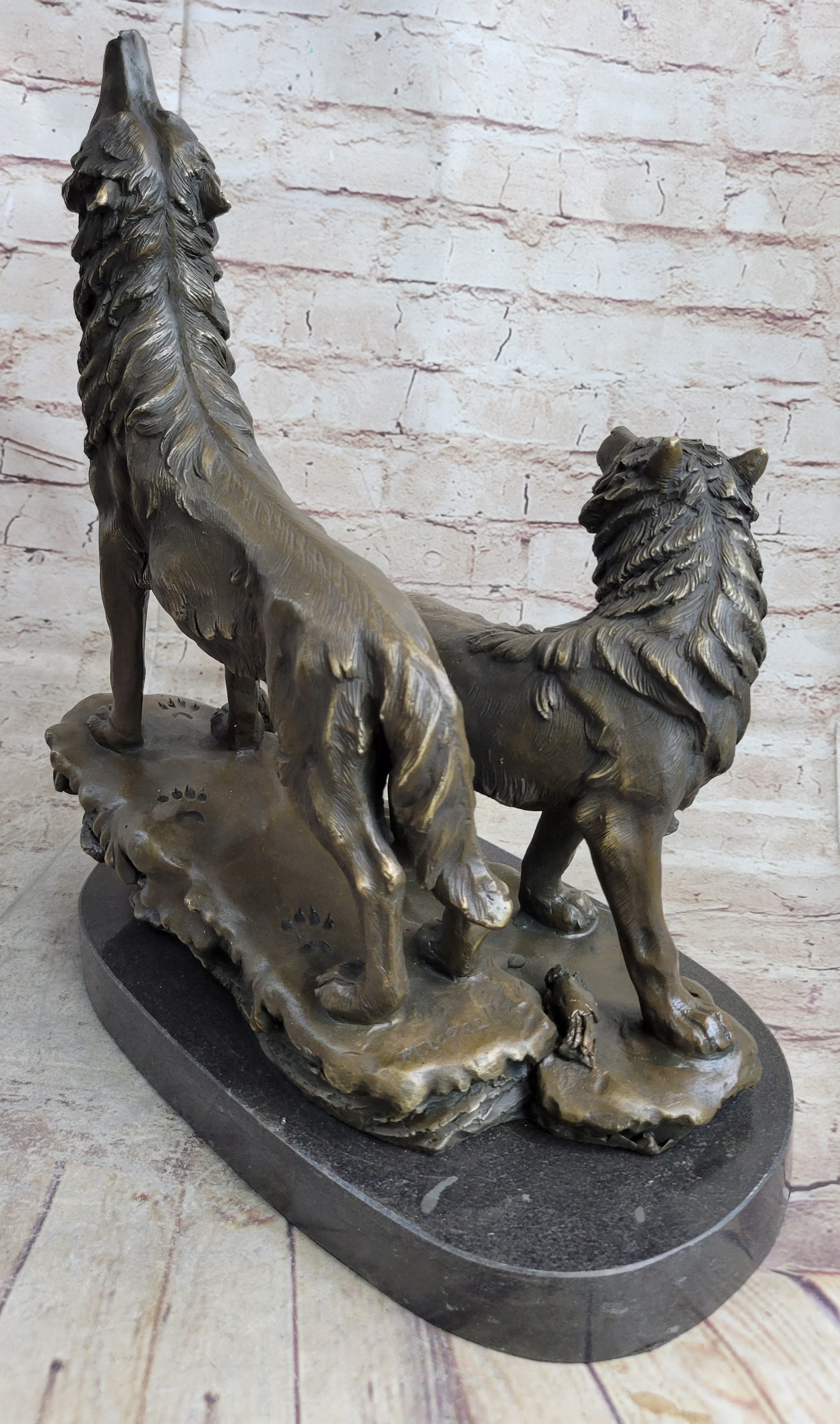 Signed Howling Wolf Bronze Sculpture Marble Base