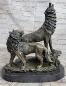 Signed Howling Wolf Bronze Sculpture Marble Base