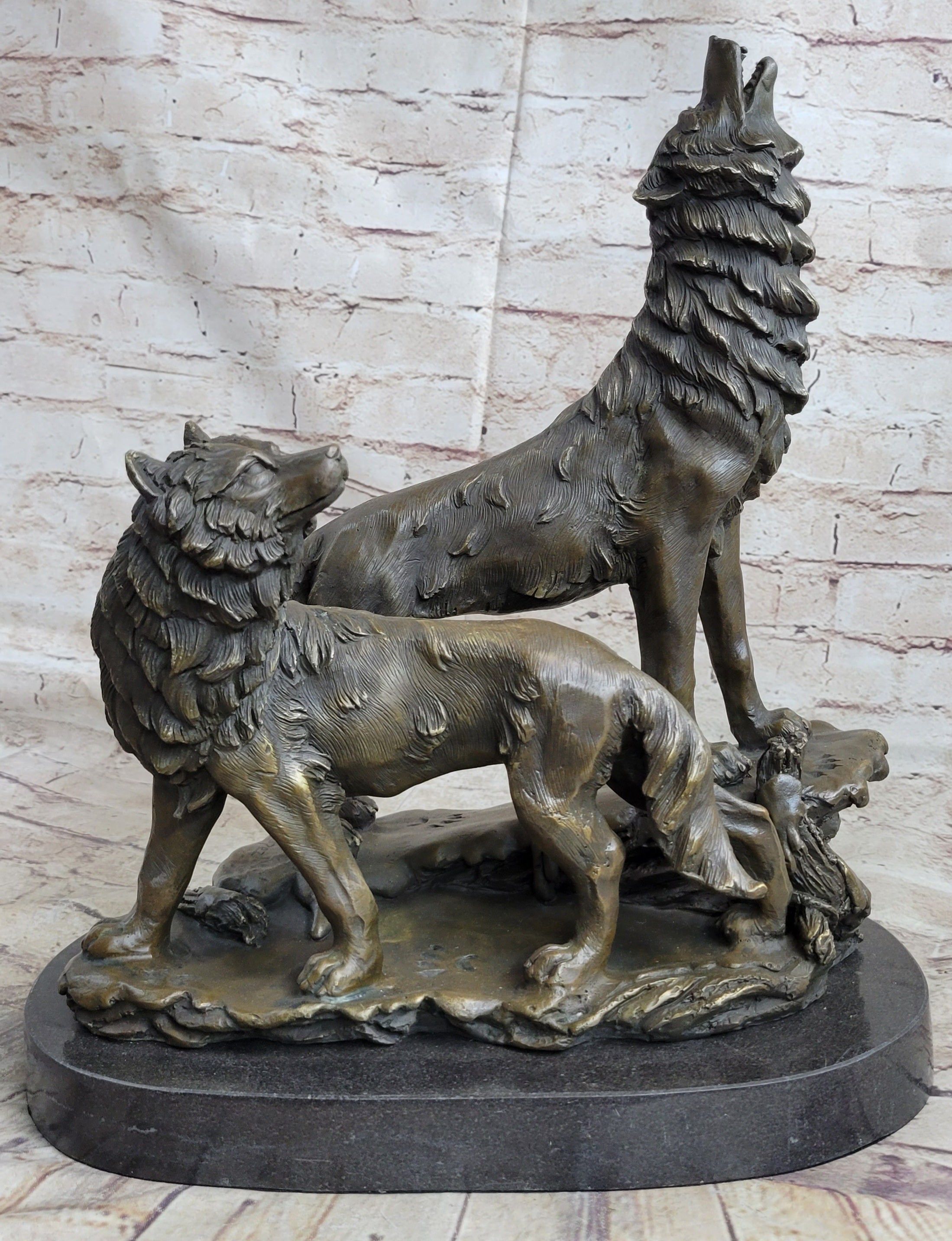 Signed Howling Wolf Bronze Sculpture Marble Base