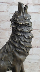 Signed Howling Wolf Bronze Sculpture Marble Base
