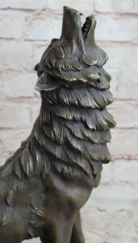 Signed Howling Wolf Bronze Sculpture Marble Base