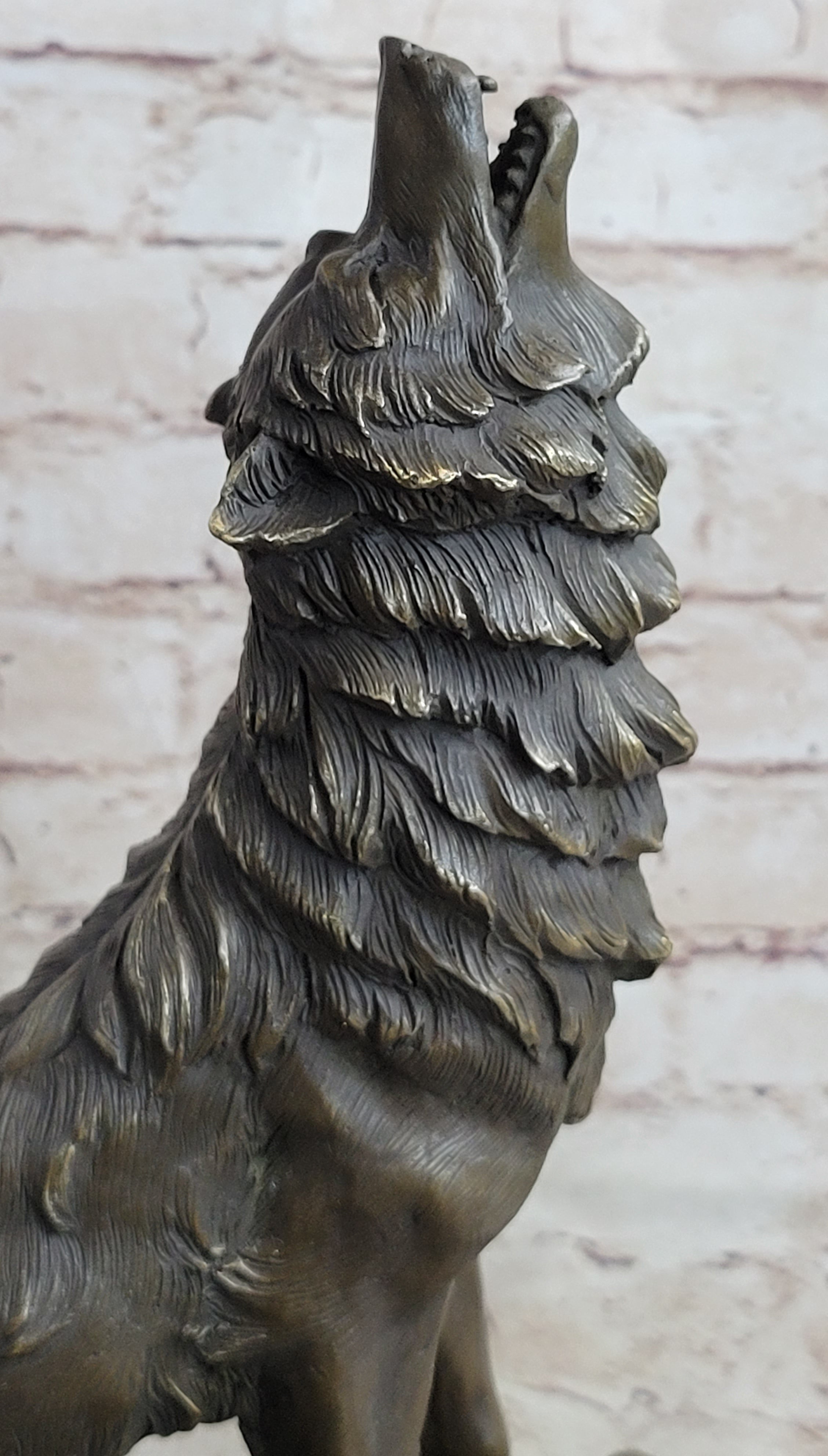 Signed Howling Wolf Bronze Sculpture Marble Base