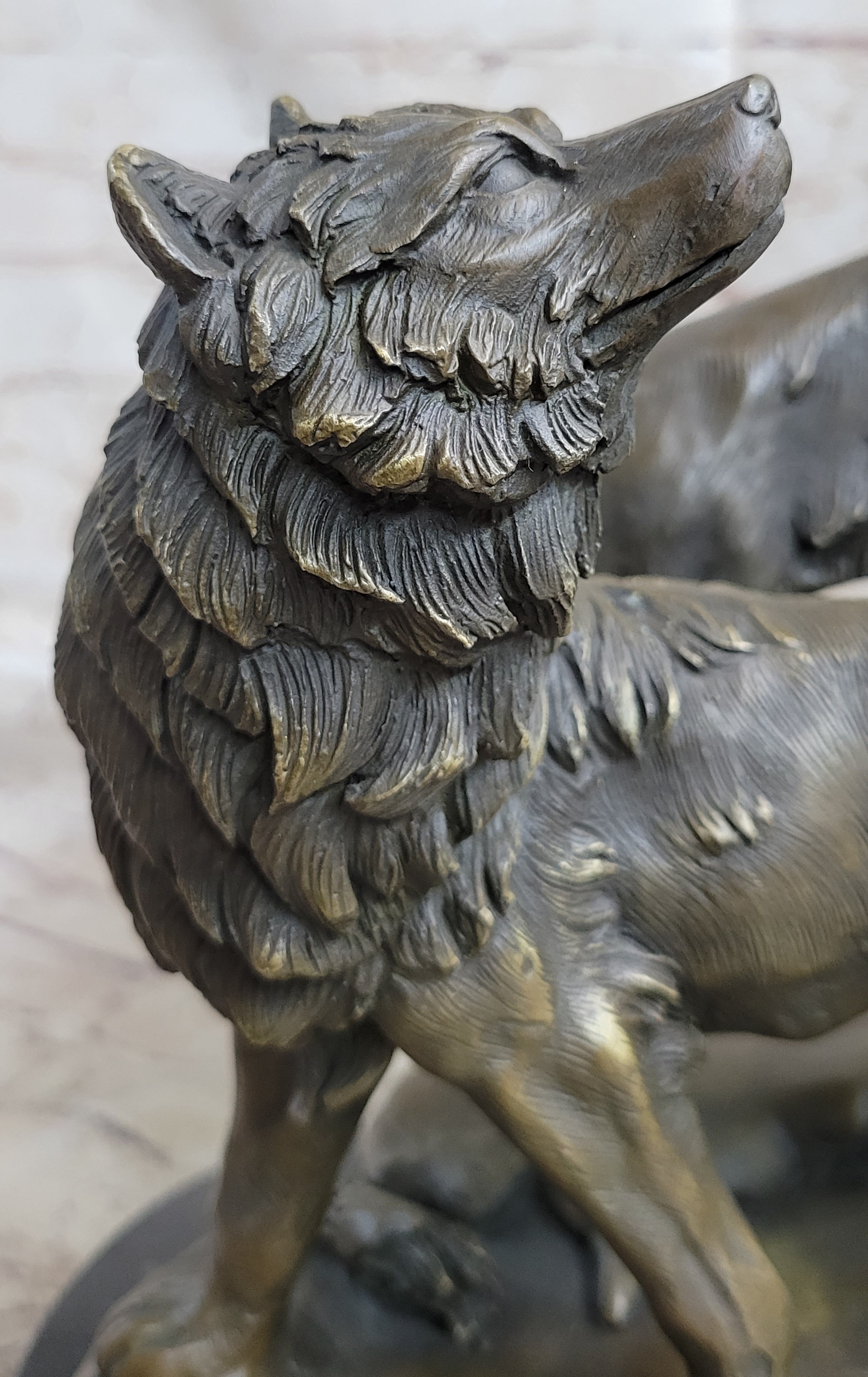 Signed Howling Wolf Bronze Sculpture Marble Base
