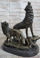 Signed Howling Wolf Bronze Sculpture Marble Base
