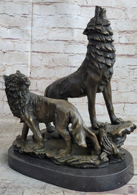 Signed Howling Wolf Bronze Sculpture Marble Base