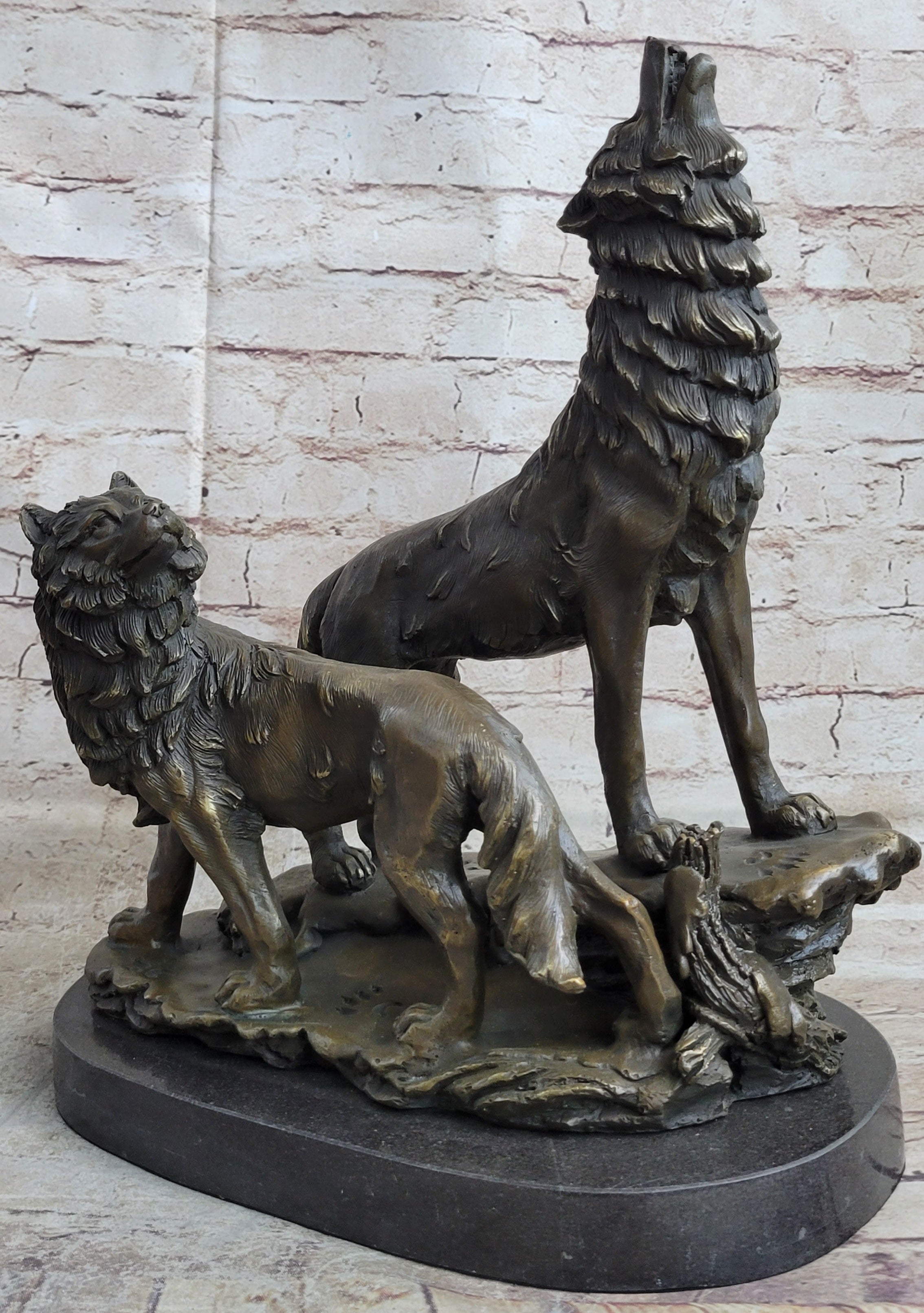 Signed Howling Wolf Bronze Sculpture Marble Base