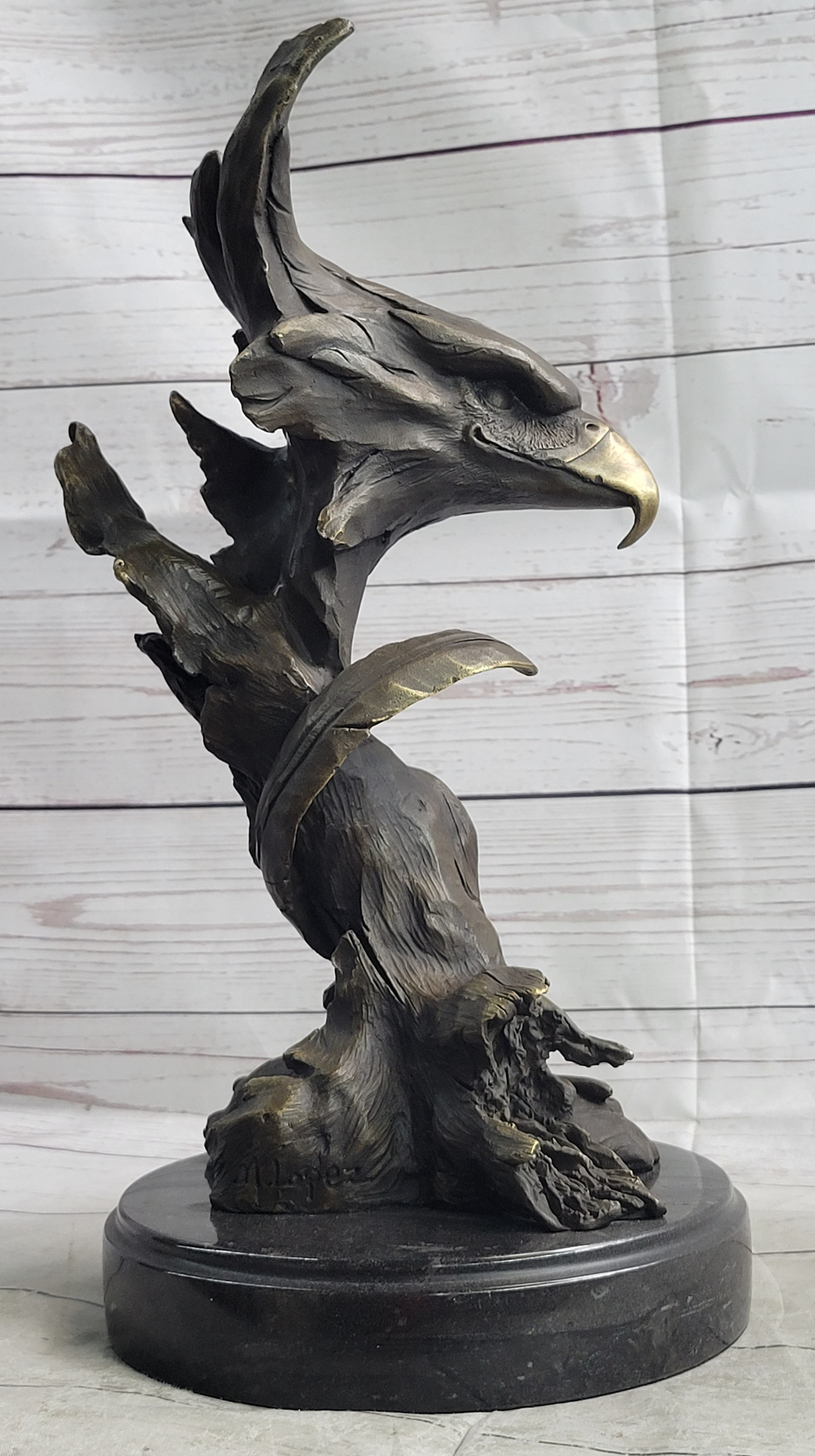 Bald Eagle Head Bust Bronze Sculpture Signed on Marble Base