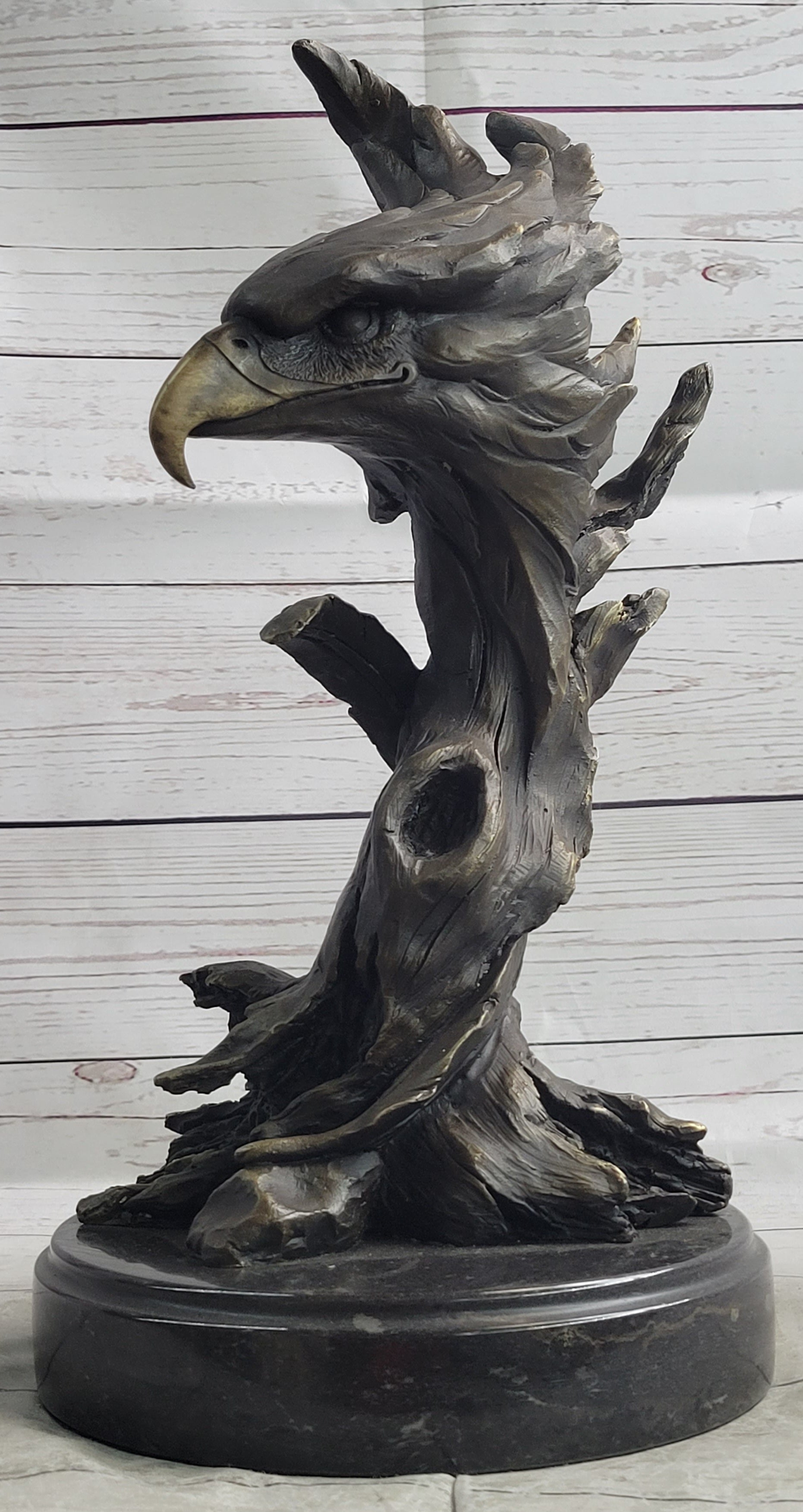Bald Eagle Head Bust Bronze Sculpture Signed on Marble Base