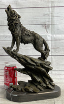 Wolf Howling at the Moon Bronze Sculpture on Marble Base