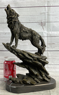 Wolf Howling at the Moon Bronze Sculpture on Marble Base