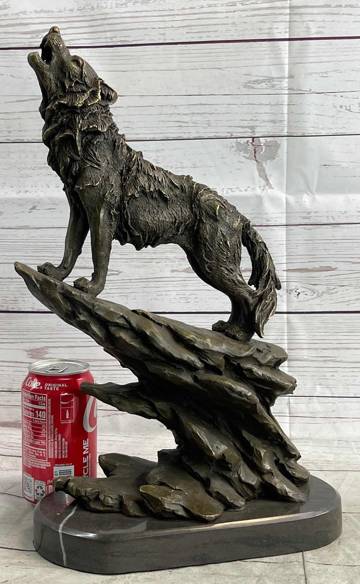Wolf Howling at the Moon Bronze Sculpture on Marble Base