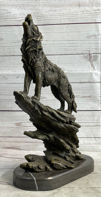 Wolf Howling at the Moon Bronze Sculpture on Marble Base