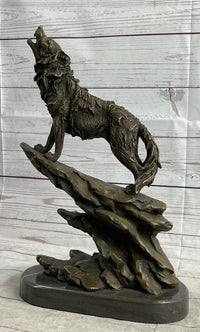 Wolf Howling at the Moon Bronze Sculpture on Marble Base