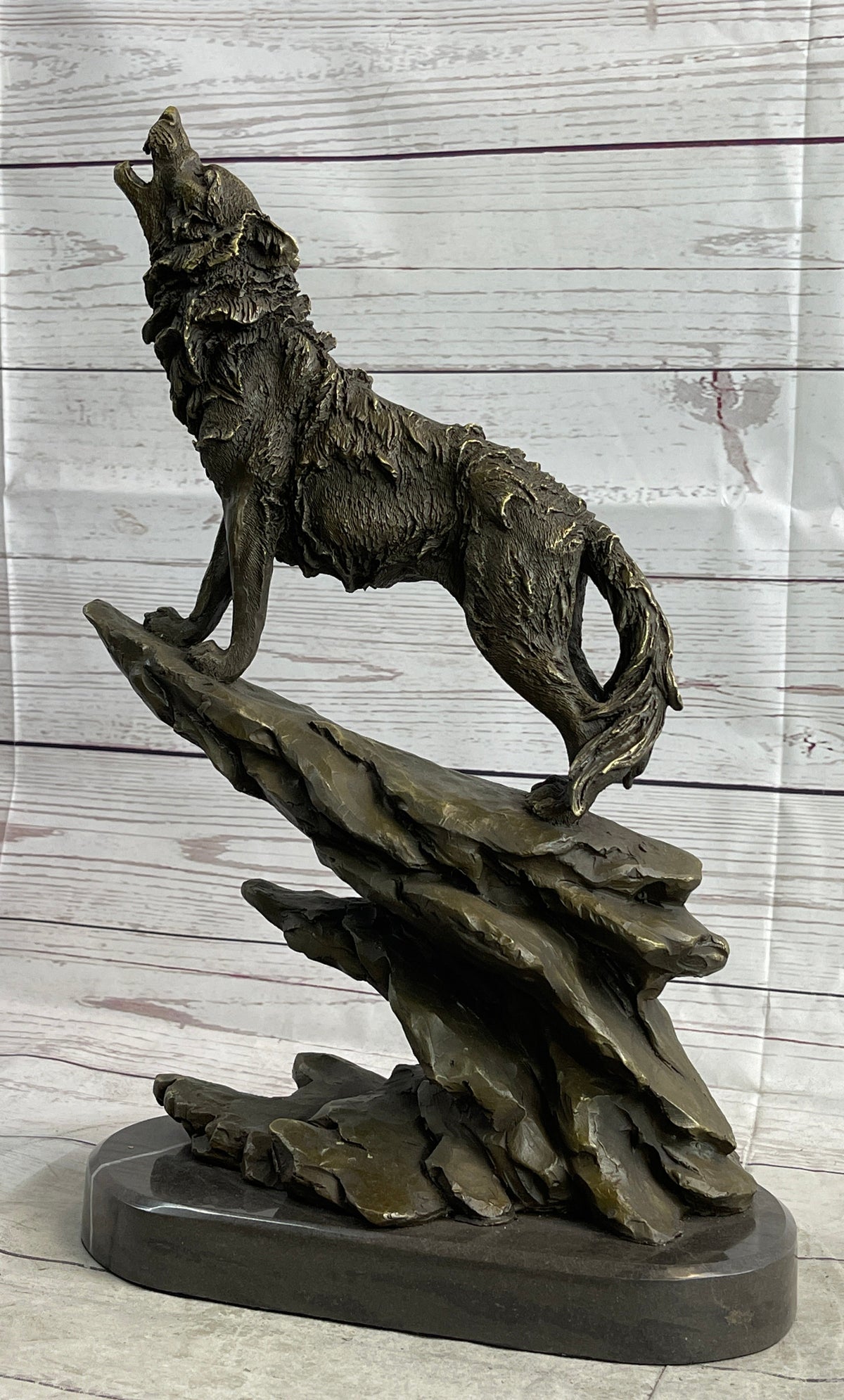 Wolf Howling at the Moon Bronze Sculpture on Marble Base