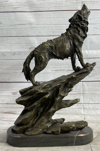 Wolf Howling at the Moon Bronze Sculpture on Marble Base