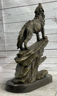 Wolf Howling at the Moon Bronze Sculpture on Marble Base