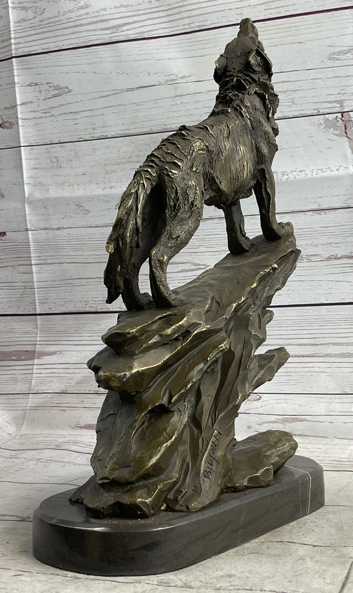 Wolf Howling at the Moon Bronze Sculpture on Marble Base