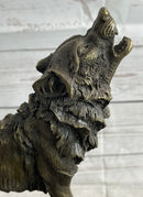 Wolf Howling at the Moon Bronze Sculpture on Marble Base