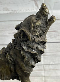 Wolf Howling at the Moon Bronze Sculpture on Marble Base