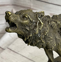 Wolf Howling at the Moon Bronze Sculpture on Marble Base