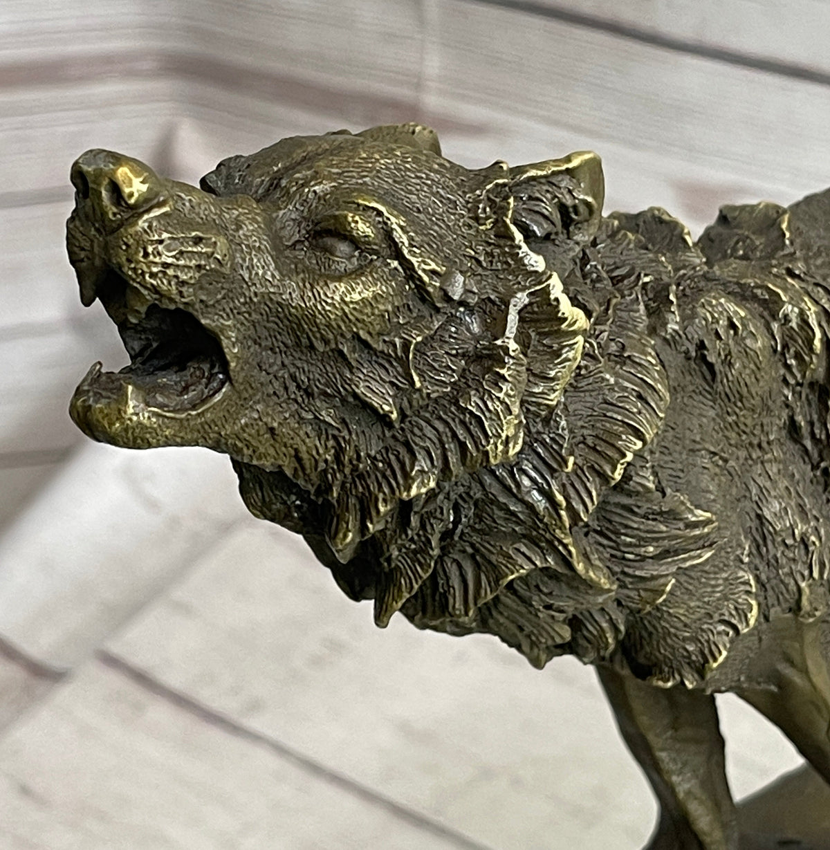 Wolf Howling at the Moon Bronze Sculpture on Marble Base